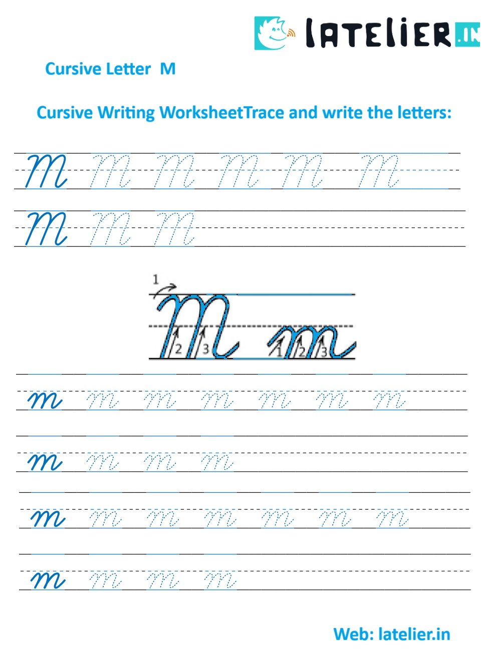 Learn cursive M – detailed handwriting guide showing how to write capital and small cursive M.