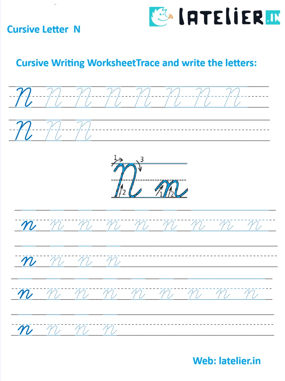 Cursive letter N practice sheet – uppercase and lowercase cursive handwriting lessons for beginners