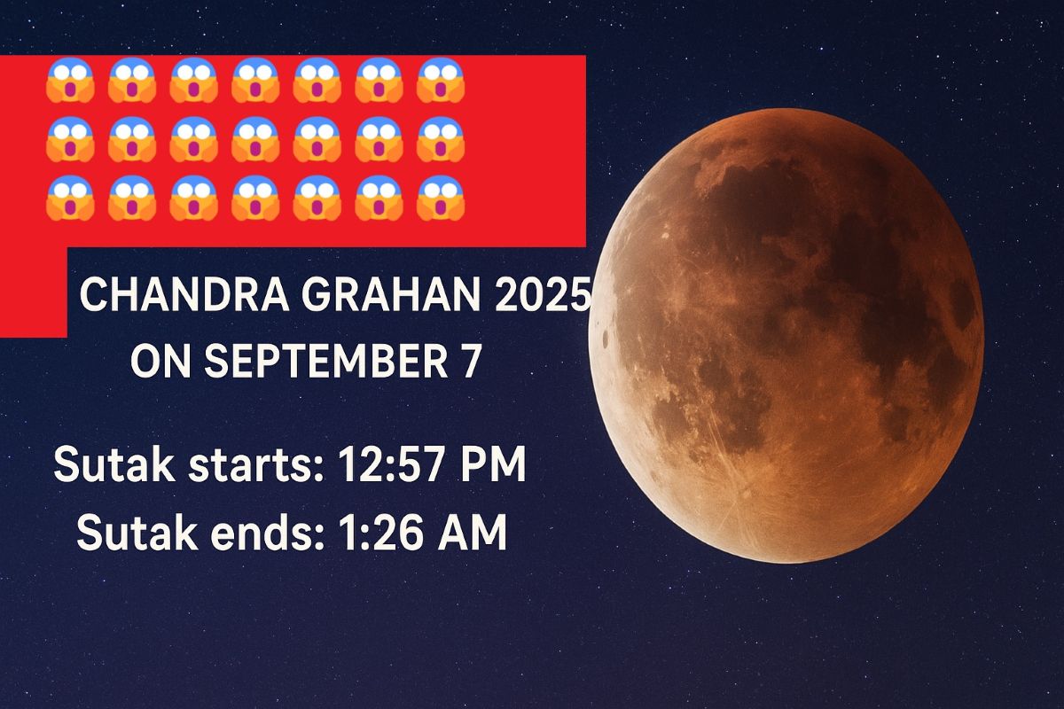 A digital graphic showing the timings of the Sutak period for Chandra Grahan 2025 on September 7, with a partially eclipsed reddish-orange moon on the right against a starry night sky. Text on the left reads: "Timings for Sutak Period for Chandra Grahan 2025 on September 7. Sutak starts: 12:57 PM. Sutak ends: 1:26 AM."